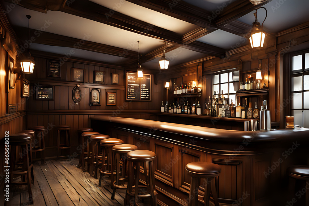Old bar scene. Traditional or British style bar or pub interior, with wooden paneling. Close up