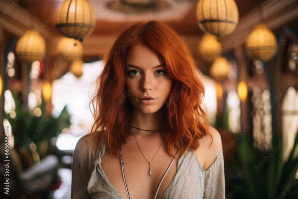 a photo of a gorgeous young redhead woman sitting on a couch in a living room with morocco-inspired style interior, much color contrast, orange and cyan blue a photo of a gorgeous young redhead woman sitting on a couch in a living room with morocco-inspired style interior, much color contrast, orange and cyan blue