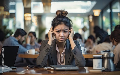 women are stressed while working on laptop, Tired asian businesswoman with headache at office, feeling sick at work, copy space