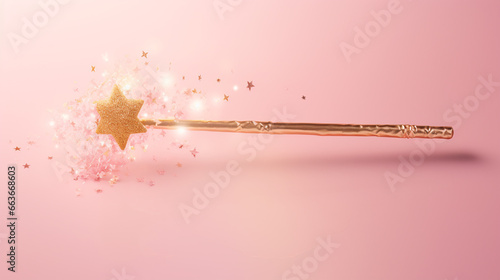 pink princess or fairy magic wand with glittering fairy dust on a pastel pink background, princess birthday theme