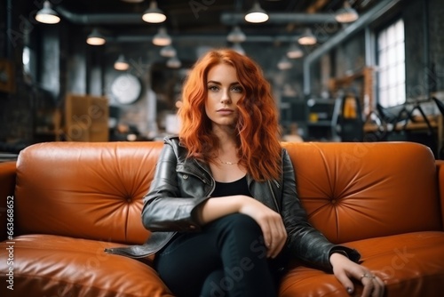 a photo of a gorgeous young redhead woman sitting on a couch in a room with industrial loft style interior, rock'n'roll vibe