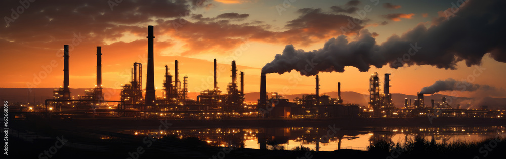 Large metal processing factory with smoking chimneys at sunset.