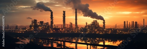 Large metal processing factory with smoking chimneys at sunset.