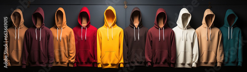 Many hoodies, black, white, blue, red, yellow colored, banner. photo