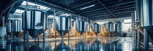 Large steel fermentation tanks in spacious hall at modern alcohol production factory.
