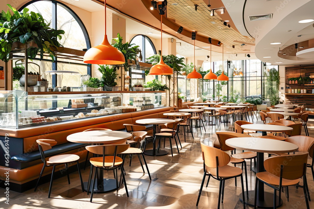 Cozy Corner of Serene and Empty Food Court Interior with plants and natural light. Comfortable interior of food hall without people. Modern eating area of food court. Dining trend - obrazy, fototapety, plakaty 