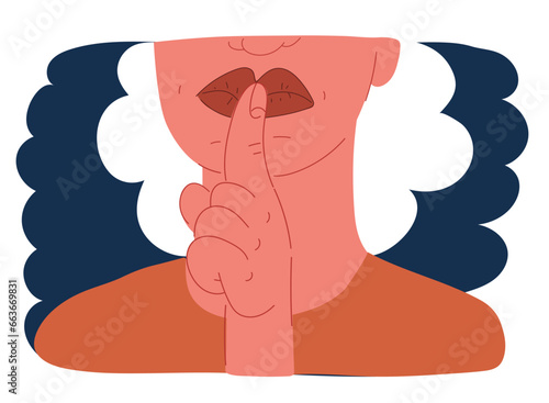 Cartoon vector illustration of Please do quite pssst. Woman lips with finger showing silence sign. Do not disturb can be used for library infographic symbol.