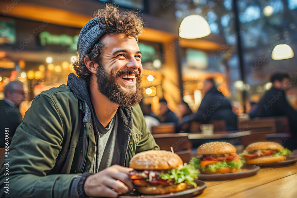 Cheerful hipster man eating tasty burger and having fun while gathering with friends in open air bar at evening. Fast food eating on outside food court. Concept of pleasant past time with friends