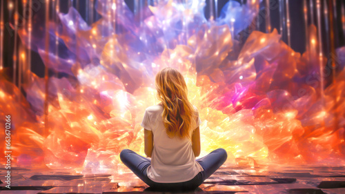 Young pretty woman in serene lotus position in front of bright colorful emotional explosion of light. Captivating combination of tranquility and euphoria. Harmony and psychological stability concept photo