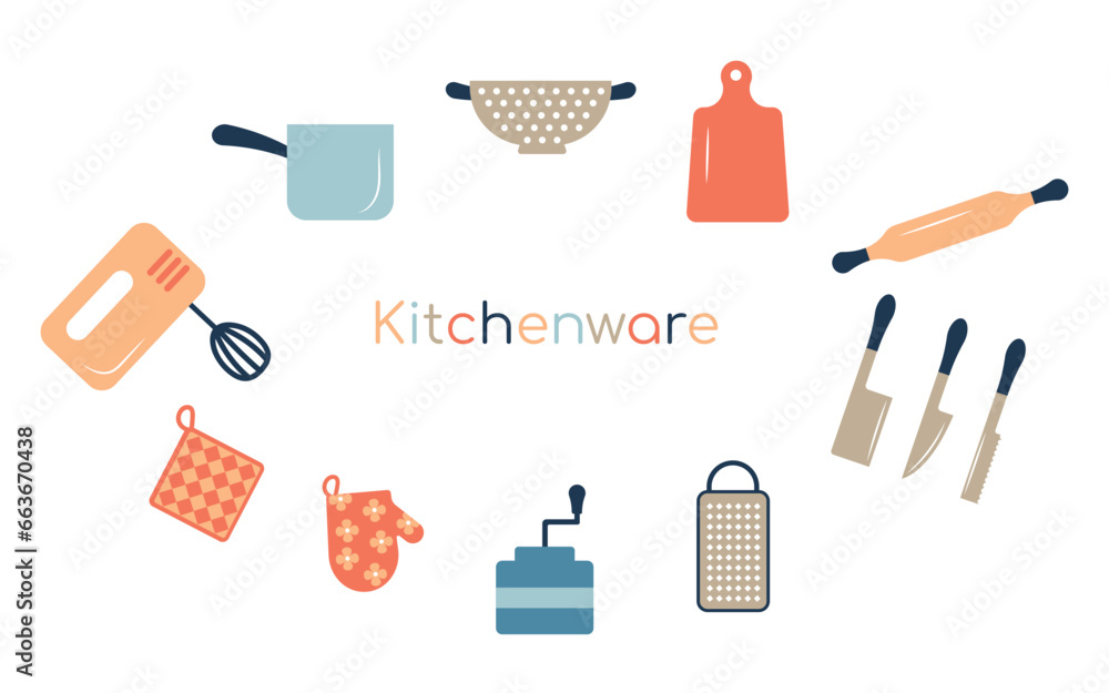 Set of kitchen tools. Collection of icons of kitchen utensils with a knife, pots, kettle, grater, rolling pin, cutting board. Cooking and dishes. Set of kitchen tools. Collection of icons of kitchen utensils with a knife, pots, kettle, grater, rolling pin, cutting board. Cooking and dishes.