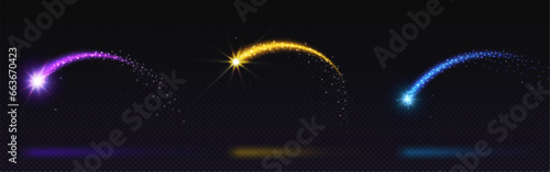 Shooting star neon light arc with gold glitter sparkle. Purple and blue curve arch speed trail with abstract particle shine effect. Glowing track with dust from meteor isolated night overlay element.