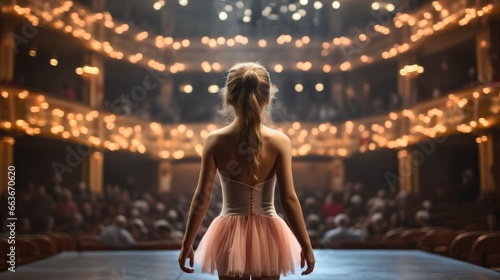 Ballerina little girl on theater stage, Beauty of classical ballet. photo