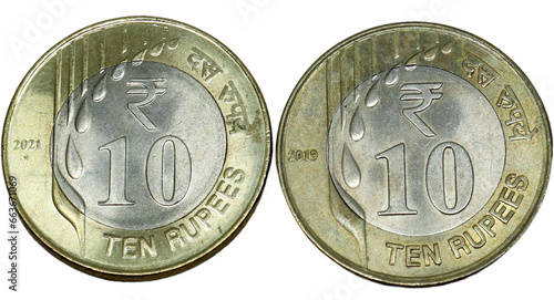 Indian ten rupees coin. on white background. Rupees, Indian Currency coins money, business real estate concept.
