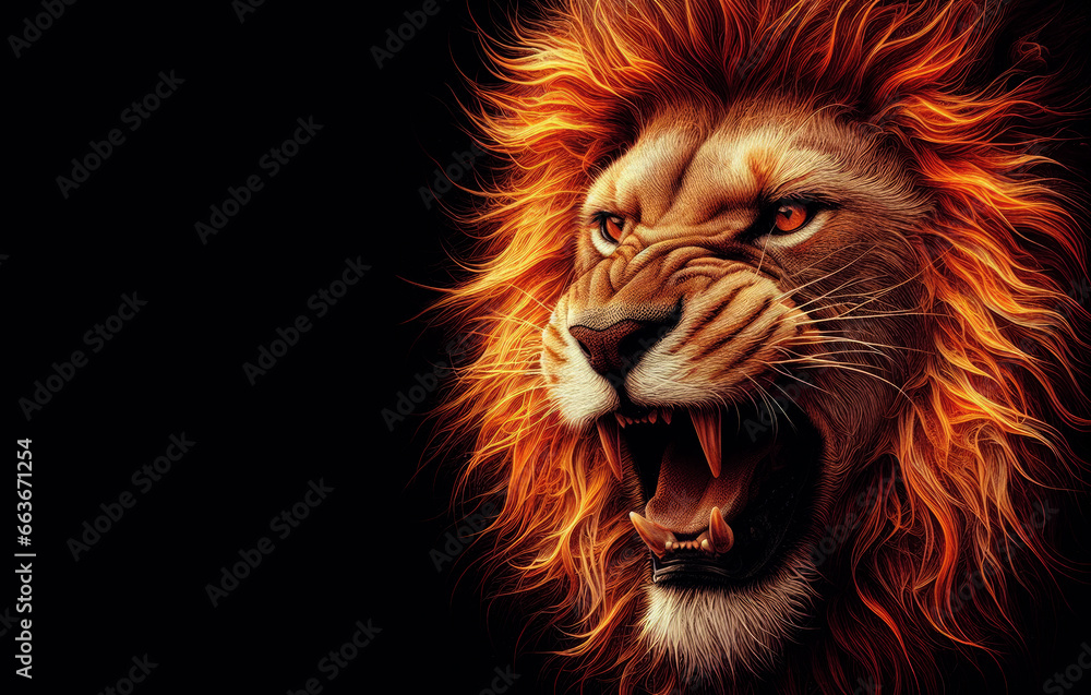 A portrait of a Angry lion face with a flame Fire, wallpaper,digital art .Generated with AI