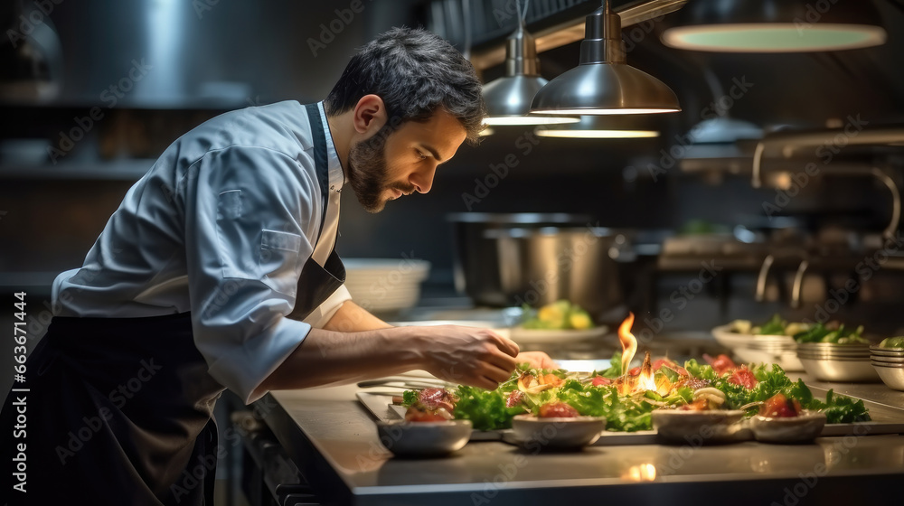 Chef in upscale restaurant kitchen.