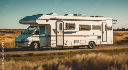 Camper van on the beach, Caravan car Vacation.