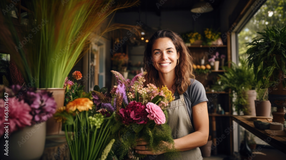 Small business. Female florist unfocused in flower shop. Floral design studio, making decorations and arrangements. Flowers delivery, creating order