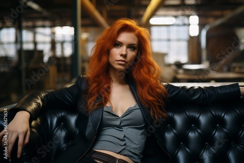 a photo of a gorgeous young redhead woman sitting on a couch in a room with industrial loft style interior, rock'n'roll vibe
