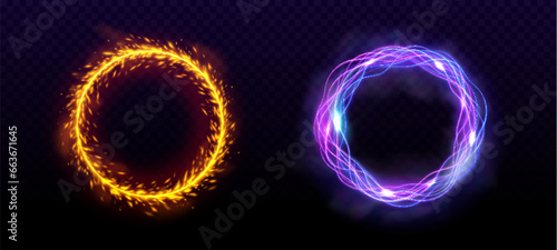 Fire light and electric effect magic round portal. Neon energy ring frame with thunder lightning shine. Blue and gold flash multiverse shiny 3d design. Abstract transparent sparkle motion ellipse