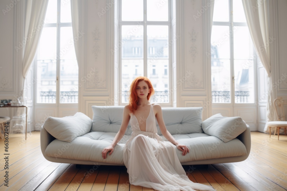 a photo of a gorgeous young redhead woman sitting on a couch in a luxurious posh living room, parisian style interior with tall windows, white paneled walls, fireplace, golden sophisticated decoration