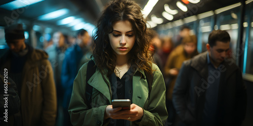 Young woman is using a mobile phone in the metro photo