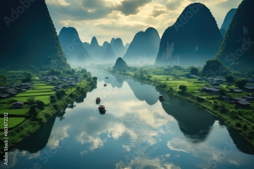 Papier peint Karst mountains and river Li in Guilin, Guangxi region of China.