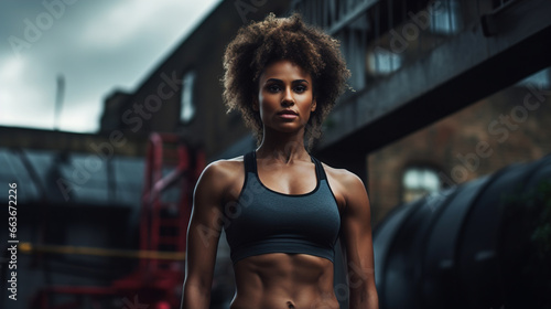 Athletic afro american woman in a tank top standing on street on a cloudy day looking at camera, workout outdoors