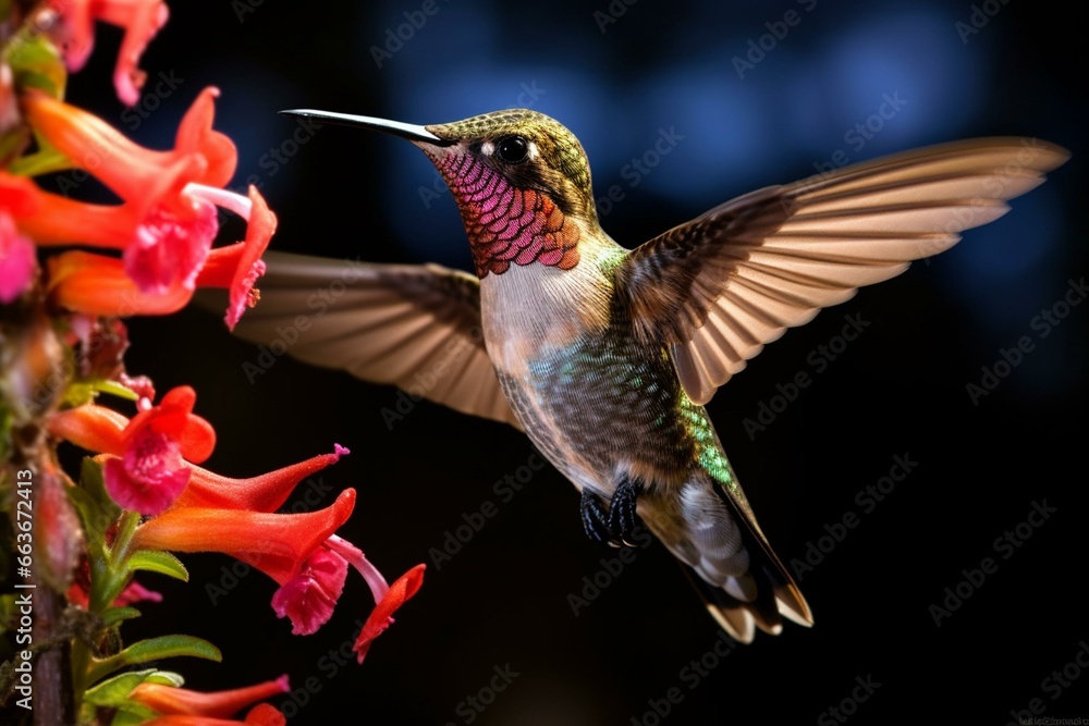 A male hummingbird hovers and sips nectar in Santa Cruz, California, USA. Generative AI - obrazy, fototapety, plakaty 