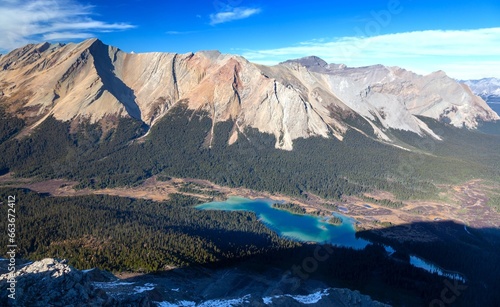 Red Deer Lakes Valley Scenic Aerial High Angle Landscape View. Rock Climbing Skoki Mountain Peak, Canadian Rockies Sunny Autumn Day Panorama