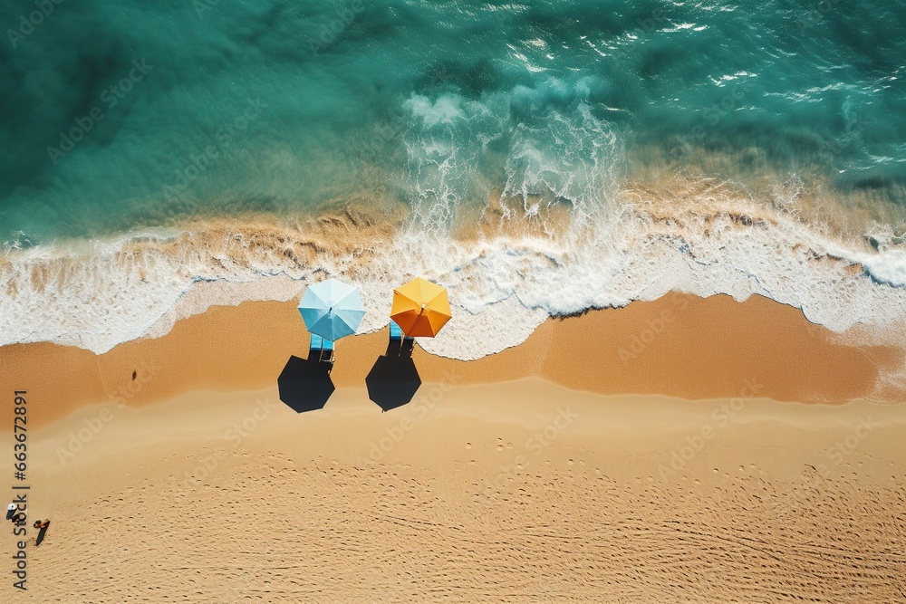 Naklejka premium Two sunbeds on an empty beautiful beach. Blue sea with waves. Beach holiday concept.