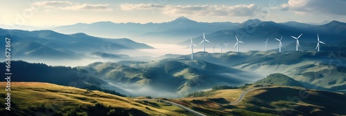 Wind turbine on field in hill, Wind turbines generating green power. photo