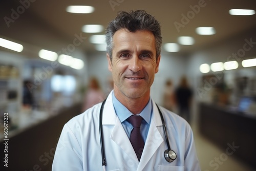 Doctor smiling, physician with medical stethoscope and coat, blur hospital background