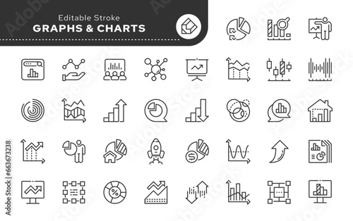Graph, chart and diagram. Line icon set. Static analytical charts of economics, finance and business. Vector outline icon pack. Web icons in linear style. Collection pictogram