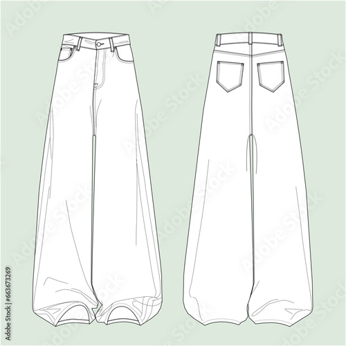  jeans silhouette, illustration of clothes, wide leg jeans, high waisted jeans, vector.