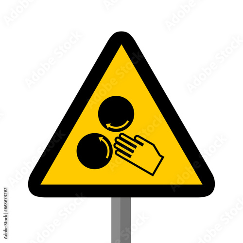 mains écrasé engrenages triangle jaune panneau signalisation danger