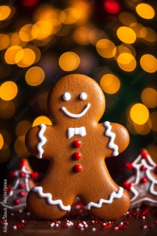 Gingerbread man on a cozy Christmas lights blur background
