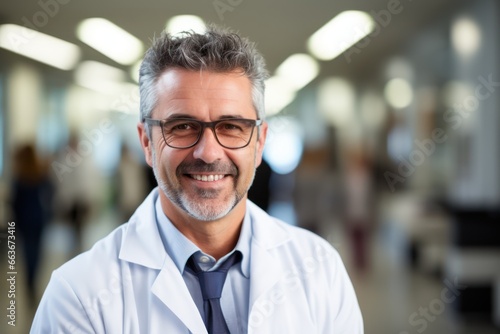 Doctor smiling, experienced physician with medical stethoscope and coat, blur hospital background