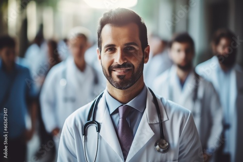 Doctor smiling, young physician with medical stethoscope and coat, blur hospital background