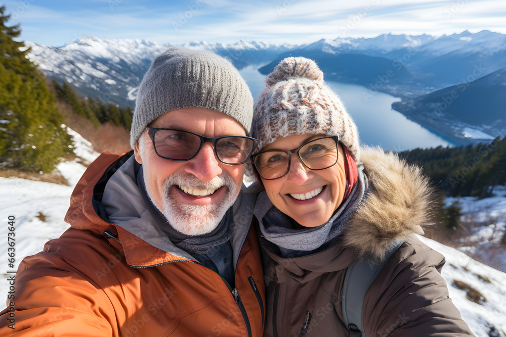Winter Wanderers, Aged Couple Embracing Adventure in the Majestic Mountain Landscape, Winter Wanderers, Aged Couple Embracing Adventure in the Majestic Mountain Landscape,