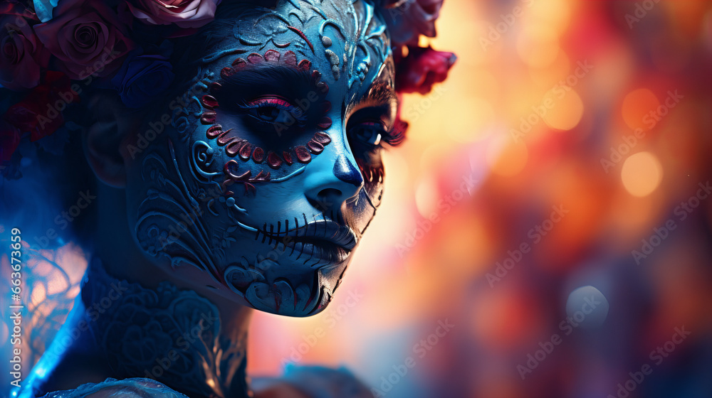 Sugar skull woman girl make up day of the dead Día de los Muertos holiday dark night Halloween look, copy space