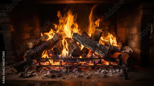Fireplace with burning logs closeup view