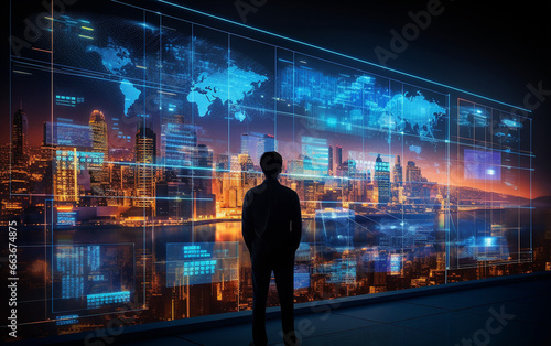 Futuristic cybernetic city background, man in front
