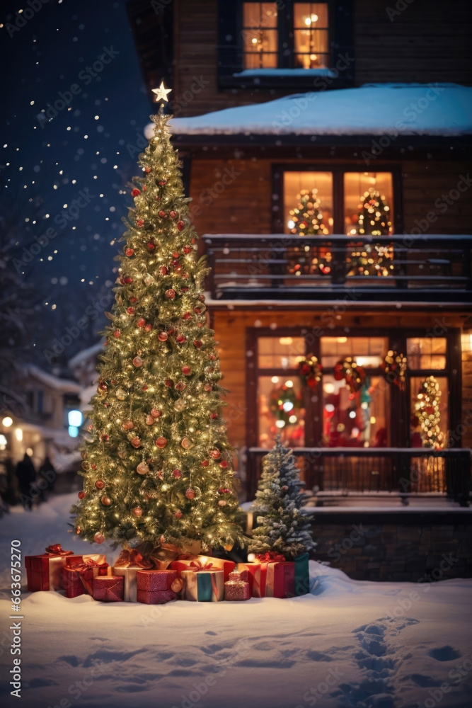 A vibrant cozy christmas tree decoration, christmas night celebration