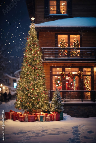 A vibrant cozy christmas tree decoration, christmas night celebration