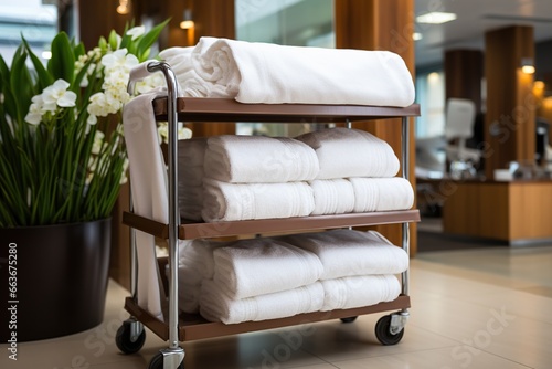 Hotel maid trolley, trolley with clean white towels. Room cleaning concept. photo