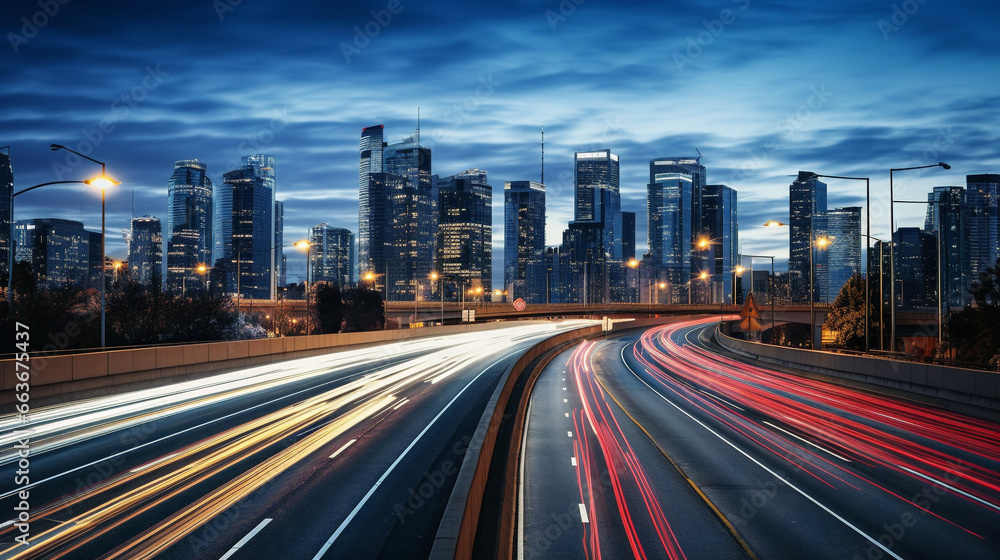 A bustling city road with streaking lights, captured in a dynamic motion blur.