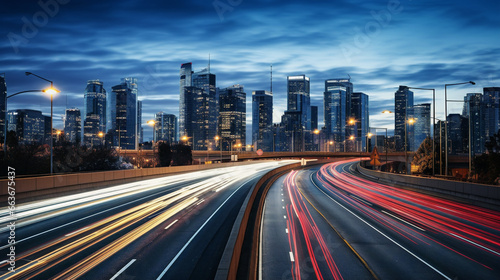 A bustling city road with streaking lights  captured in a dynamic motion blur.