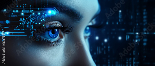 Futuristic cybernetic city background, eye of the person