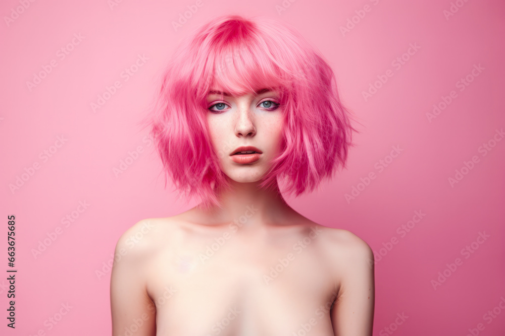 Young pink haired woman on a clean background Young pink haired woman on a clean background