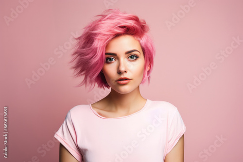 Young pink haired woman on a clean background